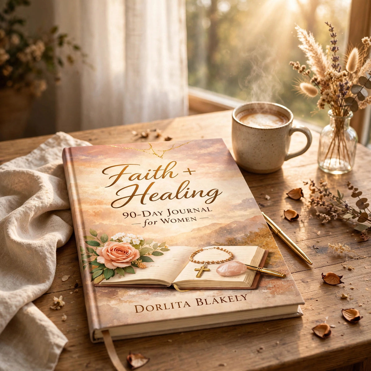 Faith and Healing journal beside coffee and dried flowers by a sunlit window