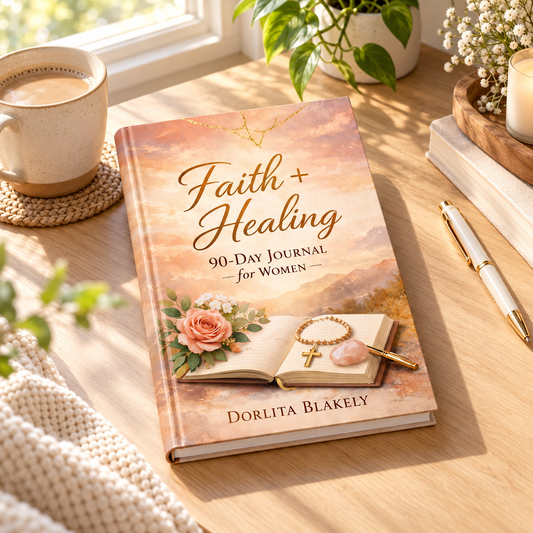 Faith and Healing journal on a sunlit desk