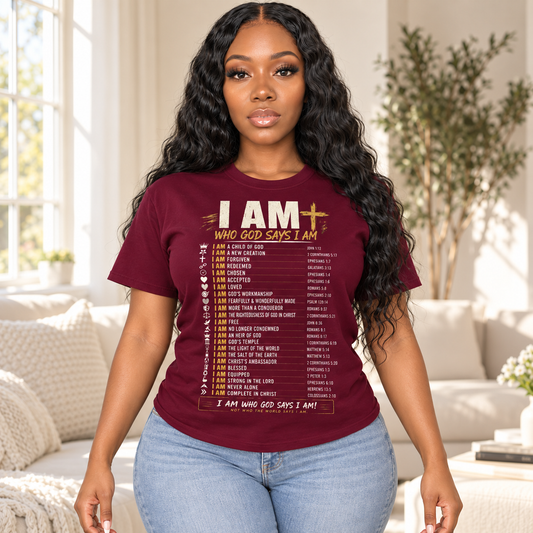 DB Creative Brand character wearing I Am Who God Says I Am Tee