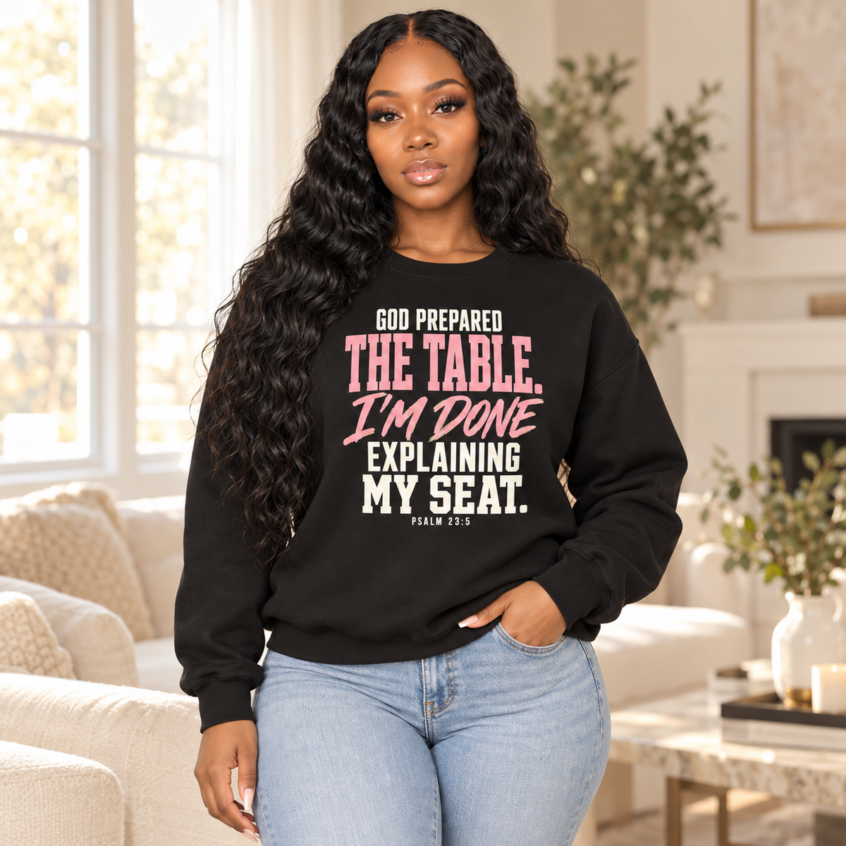 DB Creative Brand character wearing God Prepared the Table sweatshirt